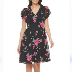 NWT Calvin Klein Women's Printed Chiffon Puff Tulip Sleeve A-Line Dress Sz 14